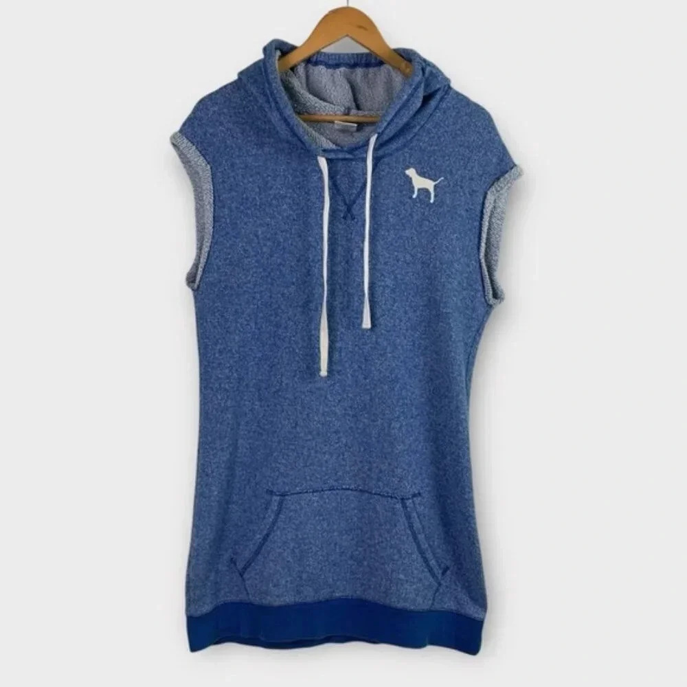 PINK Sleeveless Blue Hooded Sweatshirt Dress with Dog Logo